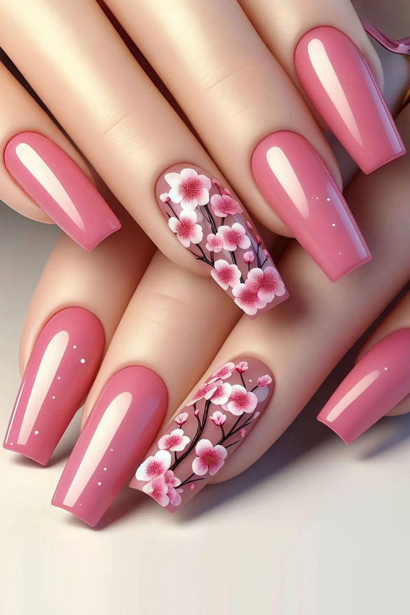 24pcs Long Ballet False Nails Spring Summer Pink Flower Pattern Fake Nails for Women