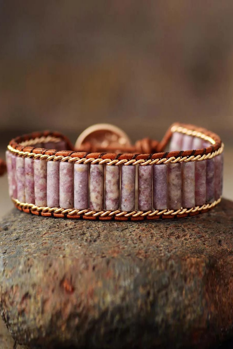 Natural Stones Leather Wrap Bracelet Chain Weaving Statement Wristband Cuff Bracelet Jewelry for Women