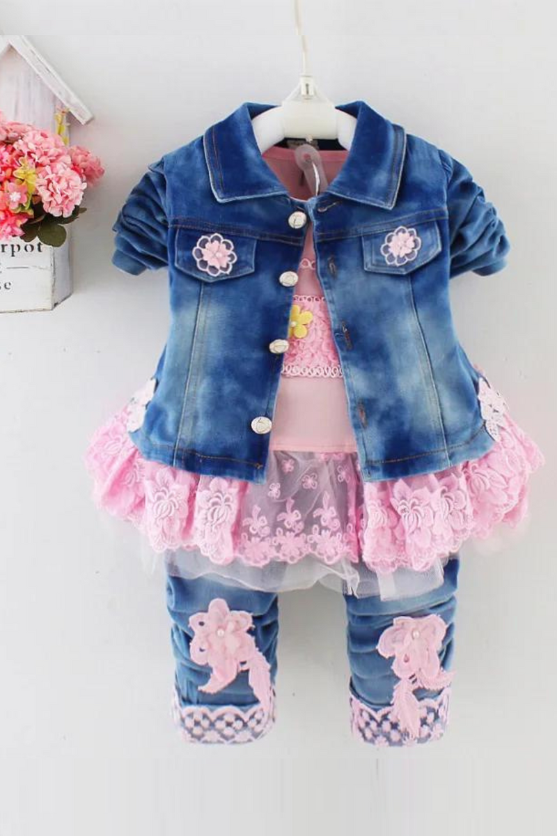 Spring Autumn Infant Toddler Baby Girl Denim Clothing Sets Long Sleeve T Shirt Tops Denim Jacket and Jeans Trousers