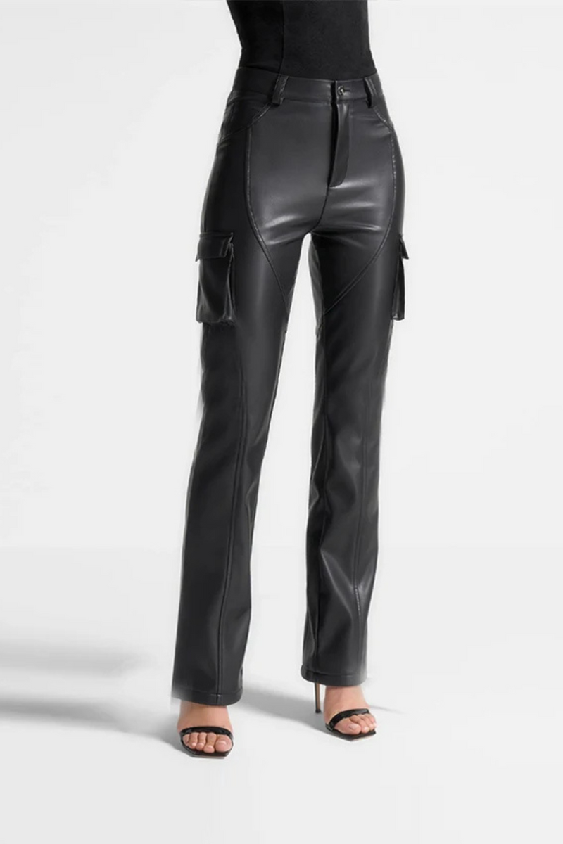 Women Leather Slim Pants Office Ladies Splicing Stretch Trousers