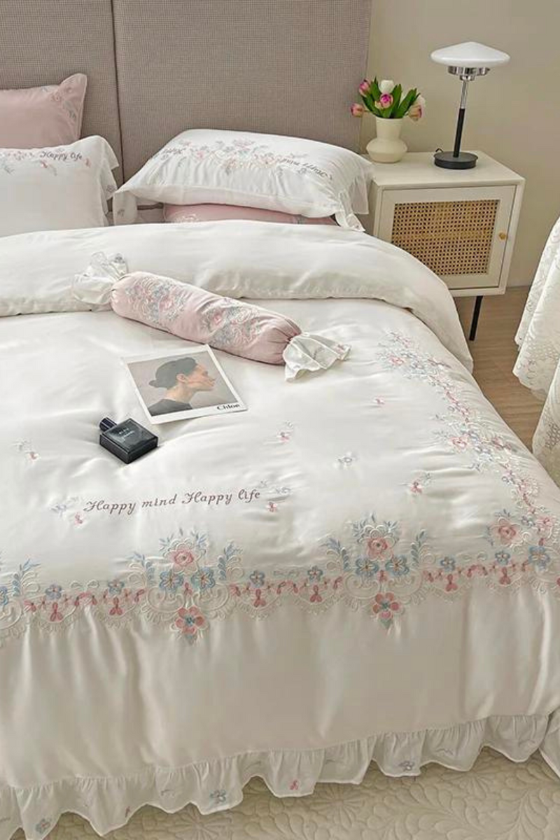 Summer 60 double-sided Silk four piece set girl's heart Ruffle quilt cover cool feeling naked Quilt cover