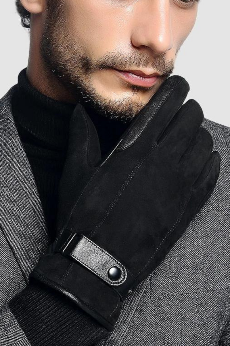 Genuine Leather Gloves Male Autumn Winter Warm Men Black Suede Gloves Wrist Buckle Glove