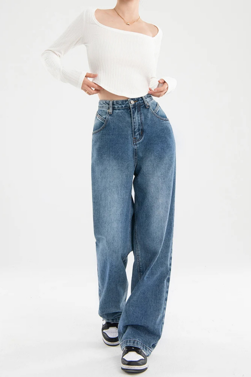 Women's Jeans Straight High Waist Jeans Casual Pants Wide Leg Denim Trouser