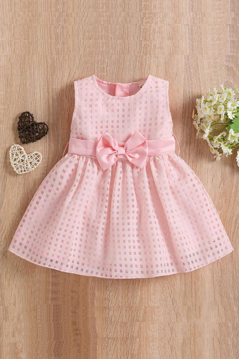 Princess Infant Baby Girls Party Dress Solid Plaid Sleeveless Sundress With Bowknot Belt