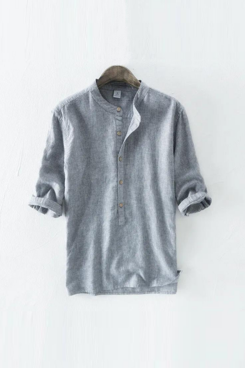 Summer Casual Shirts Men Sleeve Mandarin Collar Breathable Male Linen Shirts