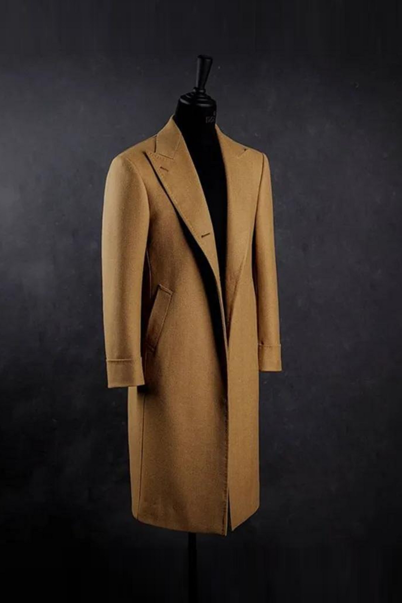 Winter Woolen Mid-Length Overcoat For Men Solid Breasted Notched Thicken Jacket