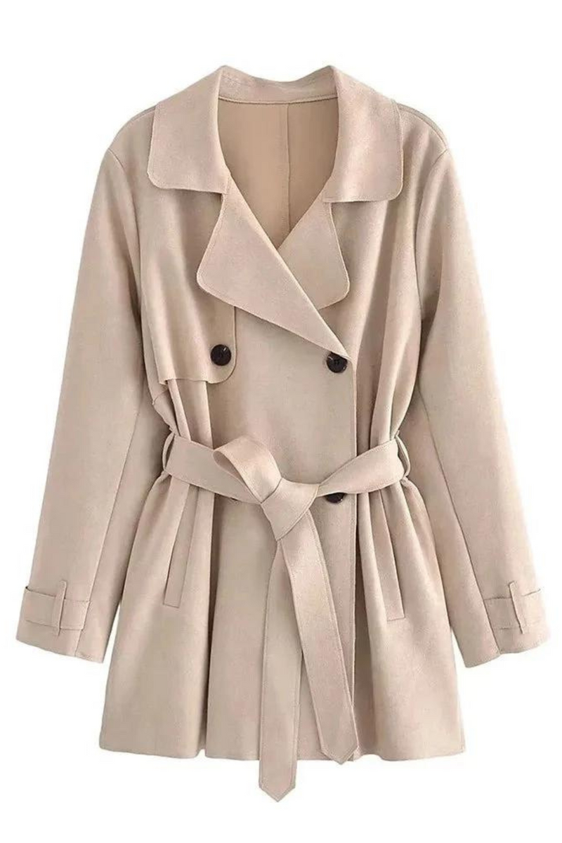 Elegant Temperament Solid Belt Tie Up Waist Design Casual Trench Jacket Women's Original Clothes