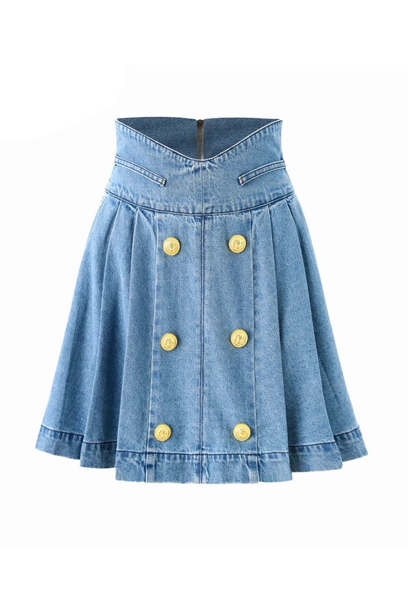 Women Summer Mini Denim Pleated Skirt High Waist