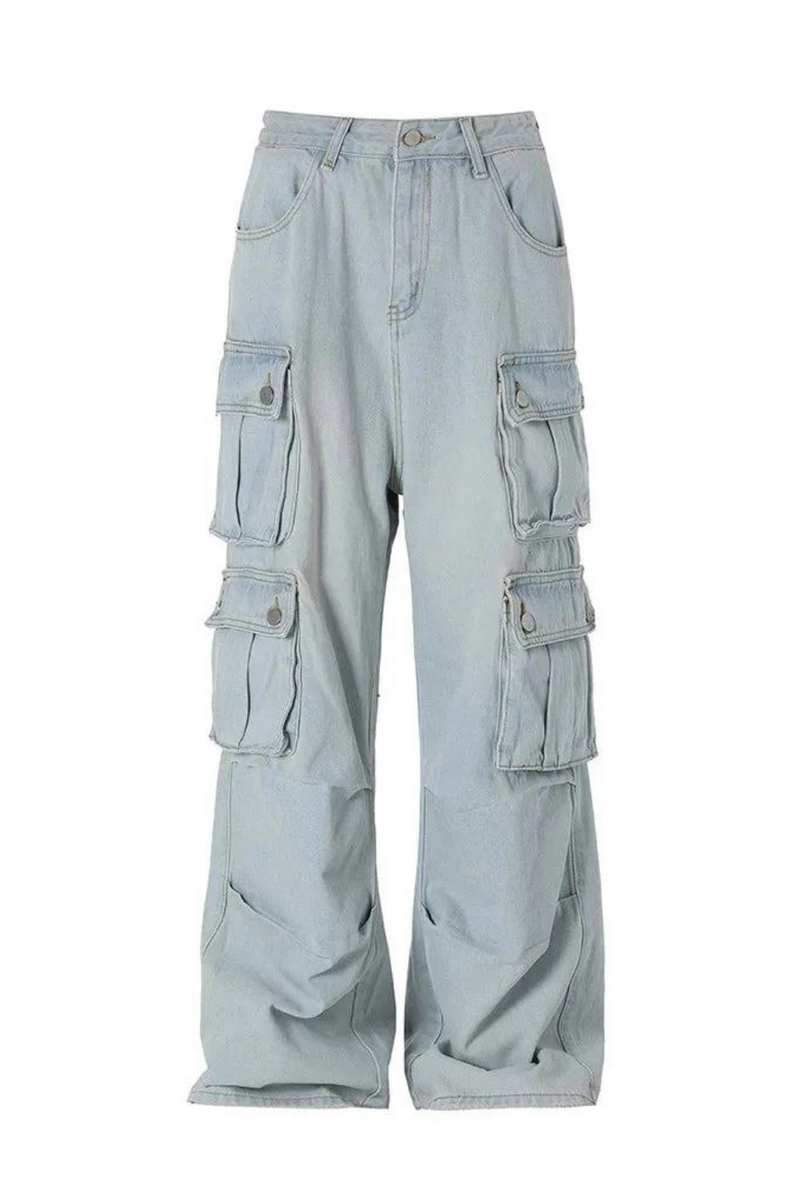 Cargo Jeans Mens High Street Loose Straight Spliced Denim Wide Leg Denim Pants Men