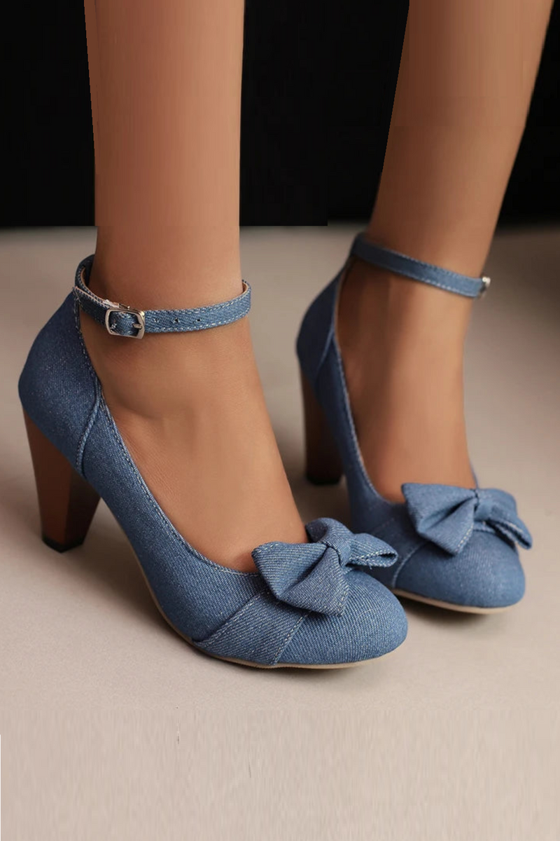 Grain Tapered Thick Heel Bow Decal Shoes Denim Fabric Upper Ankle Buckle Shallow Pumps