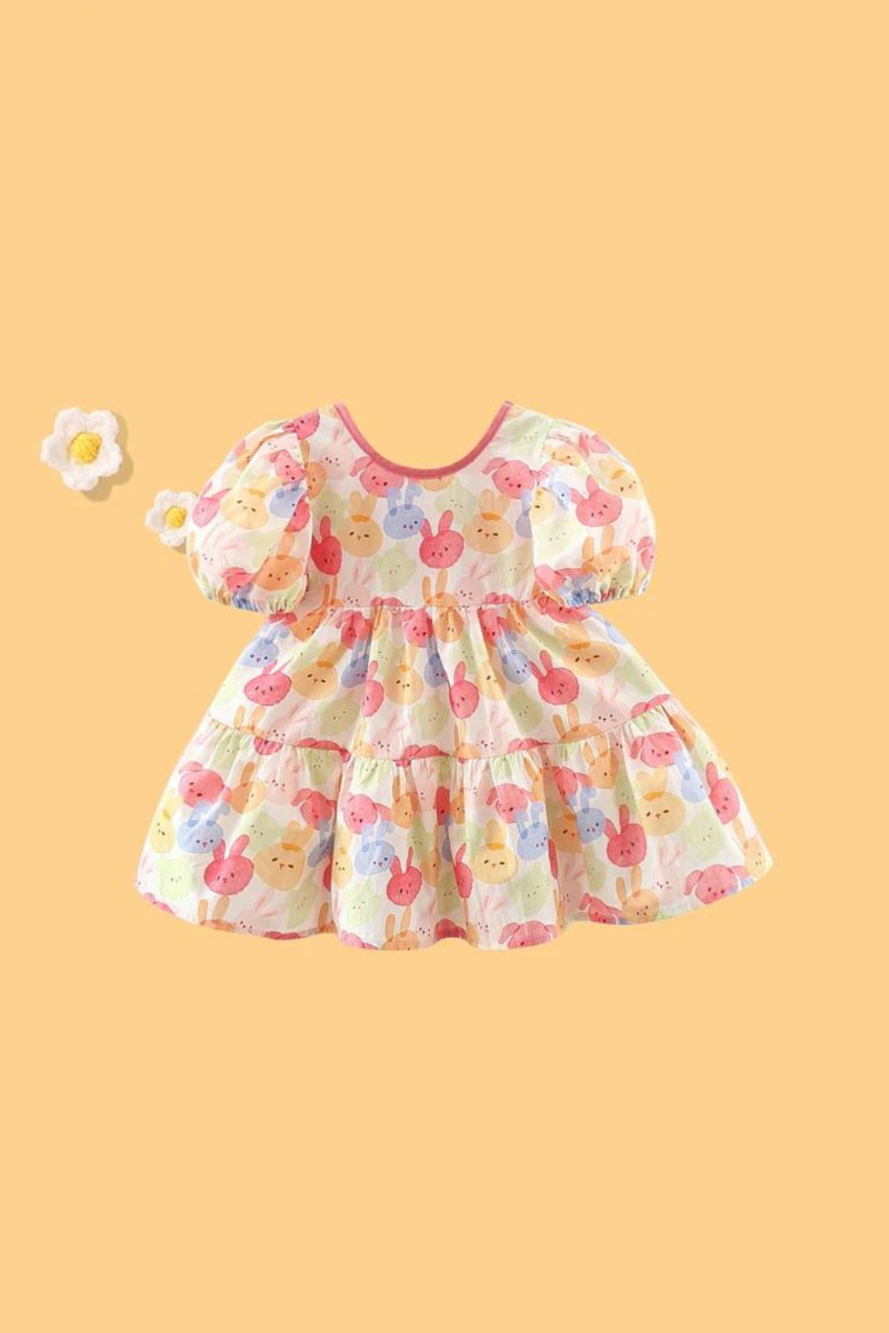 Baby Girls Dresses Puff Sleeves Summer Children's Clothes Cute Rabbit Toddler Kids Costume For 0 To 3 Years Old