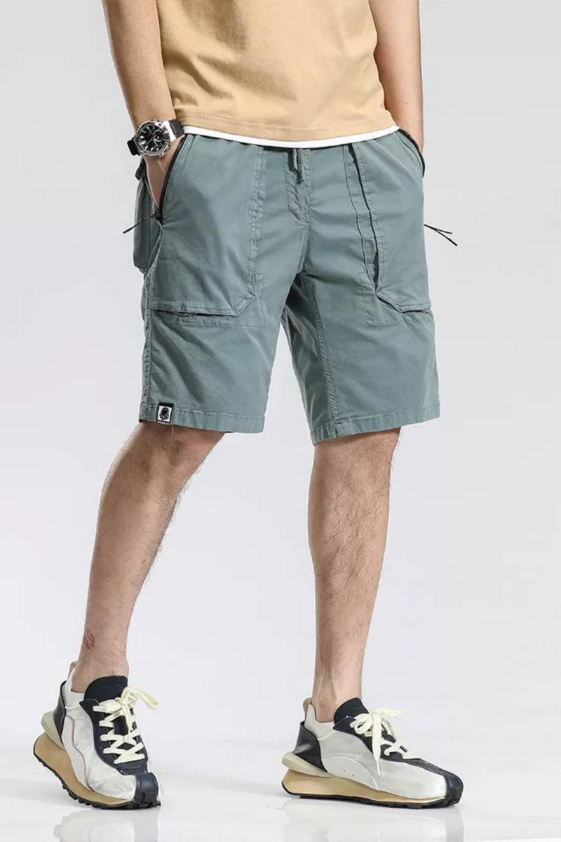 Summer Cargo Shorts Men Solid Cotton Drawstring Elastic Waist Casual Short Male Straight Beach Shorts