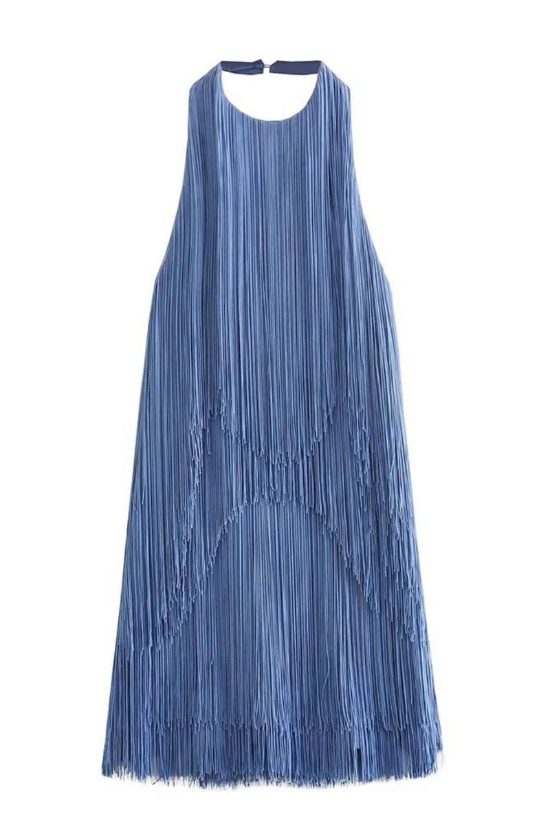 Women Blue Backless Halter Short Fringed Dress