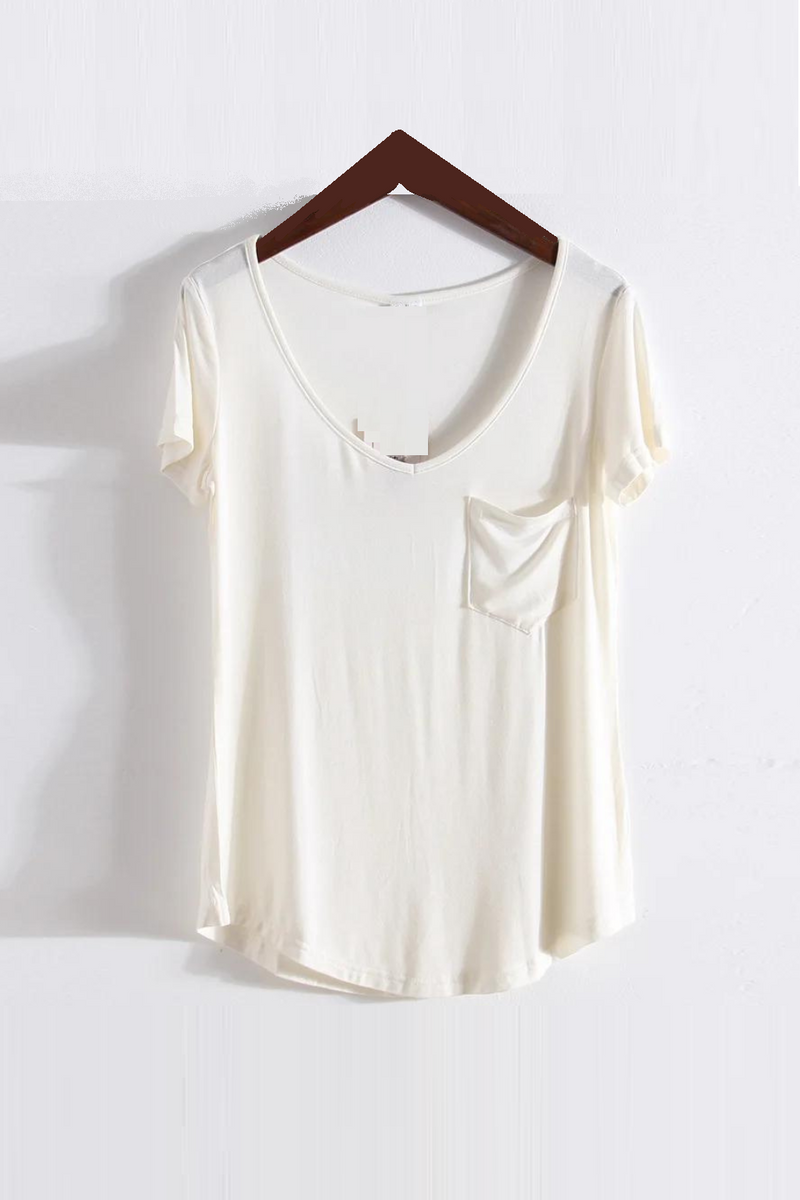 Summer Short Sleeve Loose Women V-neck Pure Color Soft T-shirt