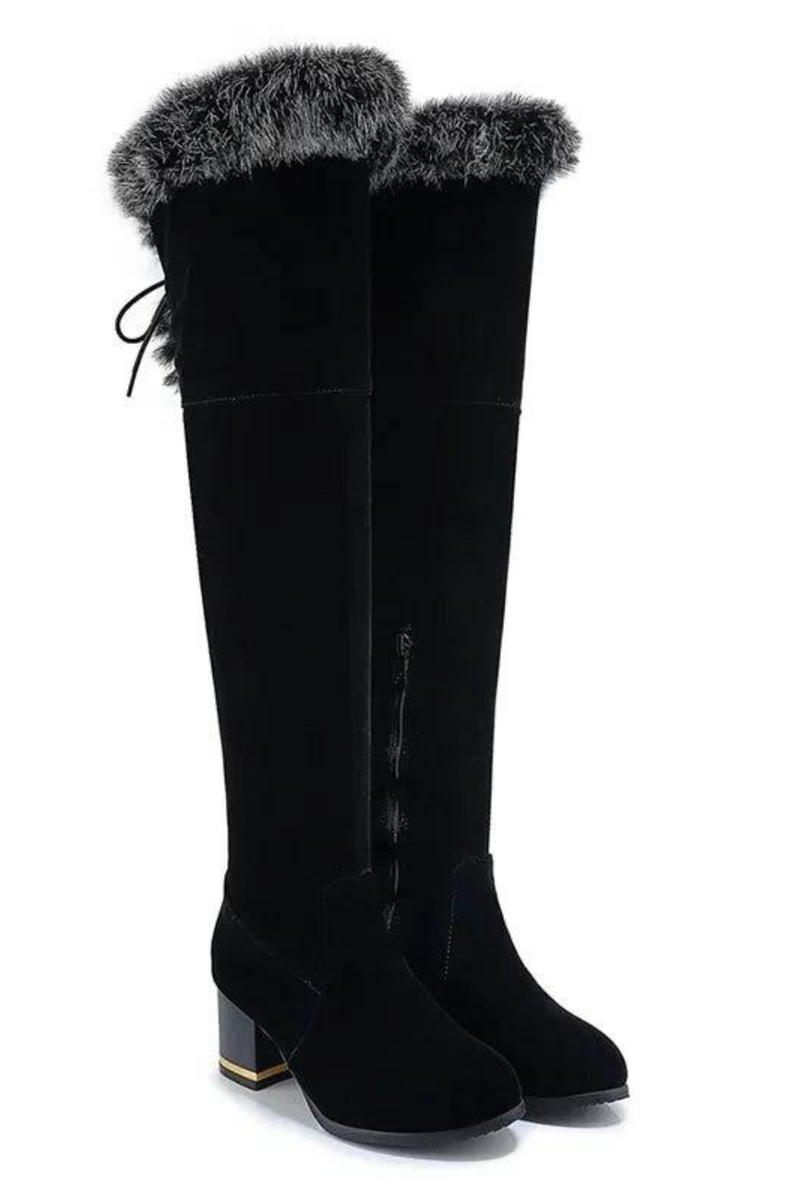 Natural Fur Winter Boots Women Knee High Long Boots Square Heel Winter Shoes Woman Waterproof Rubber Sole