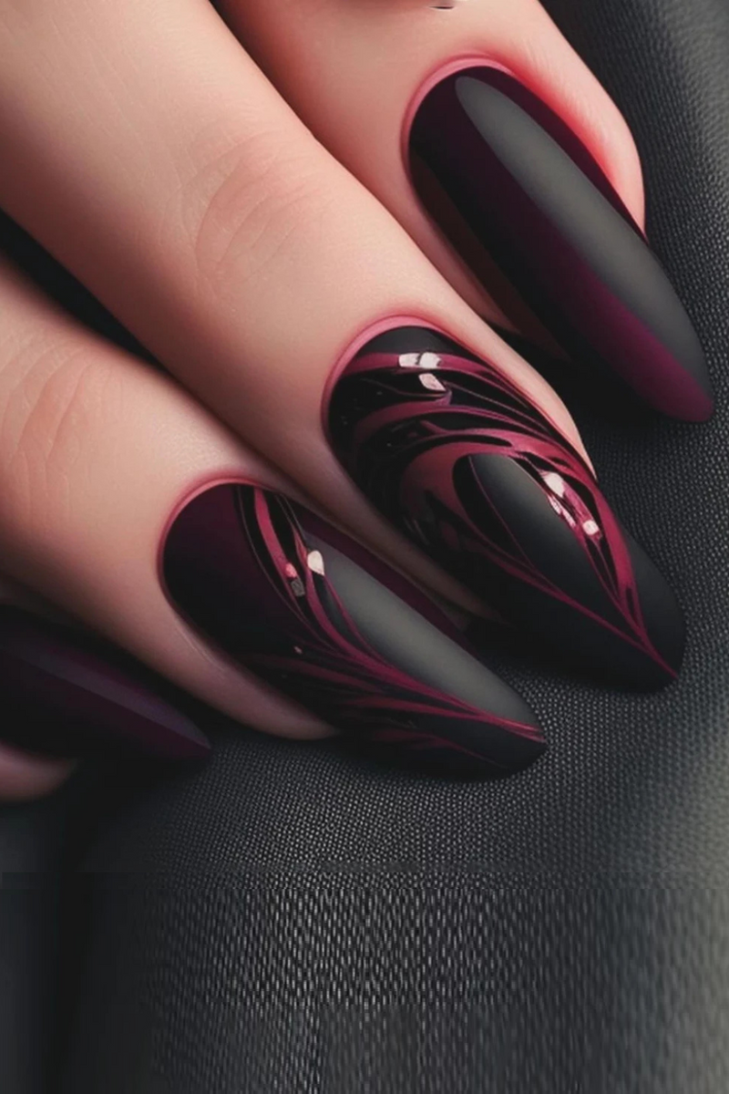 Almond shape autumn and winter black matte texture simple crimson lines fake nails