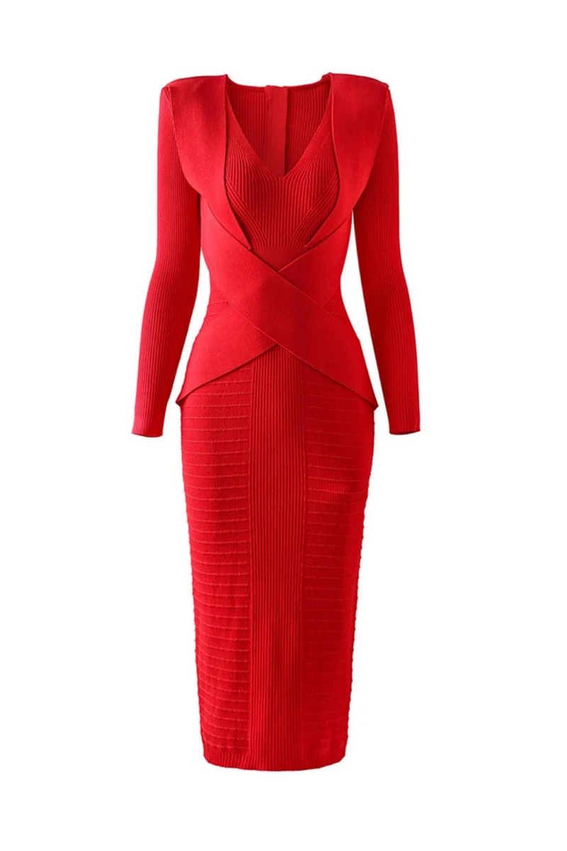 Christmas Year Red Women Long Knitted Dress Wrapped Waist Bodycon Clothing