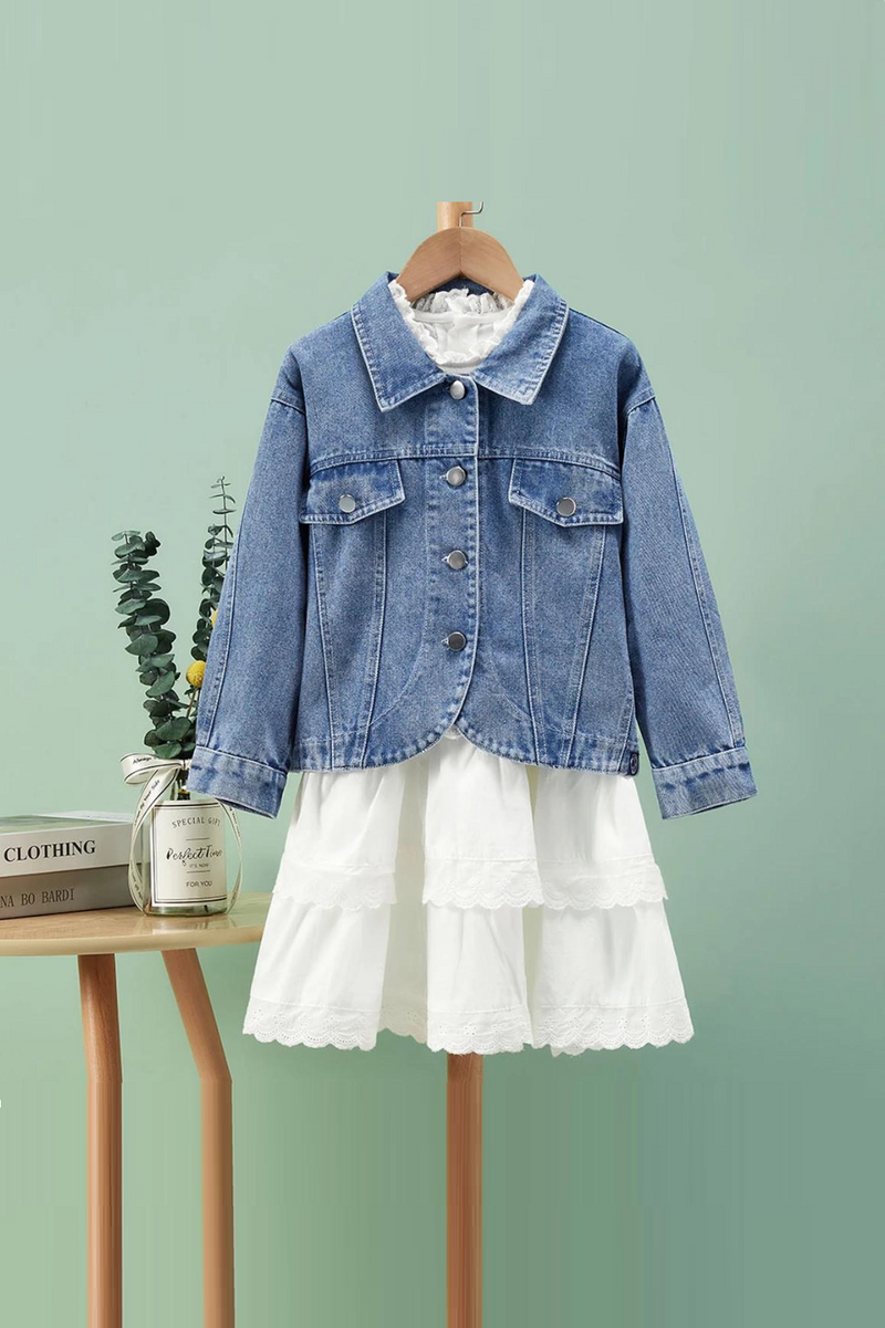 Denim Jacket with White Lace-Trim Dress for Girls