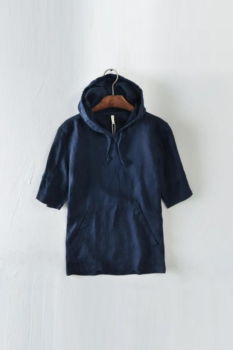 Summer Causal Men Hooded T shirts Breathable Linen Tee Shirts Half Sleeve Solid