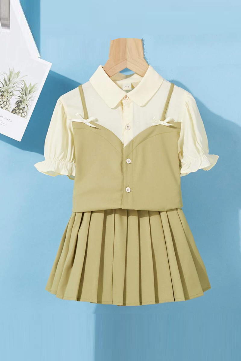 Pleated Skirt and Short-Sleeve Blouse with Vest for Girls