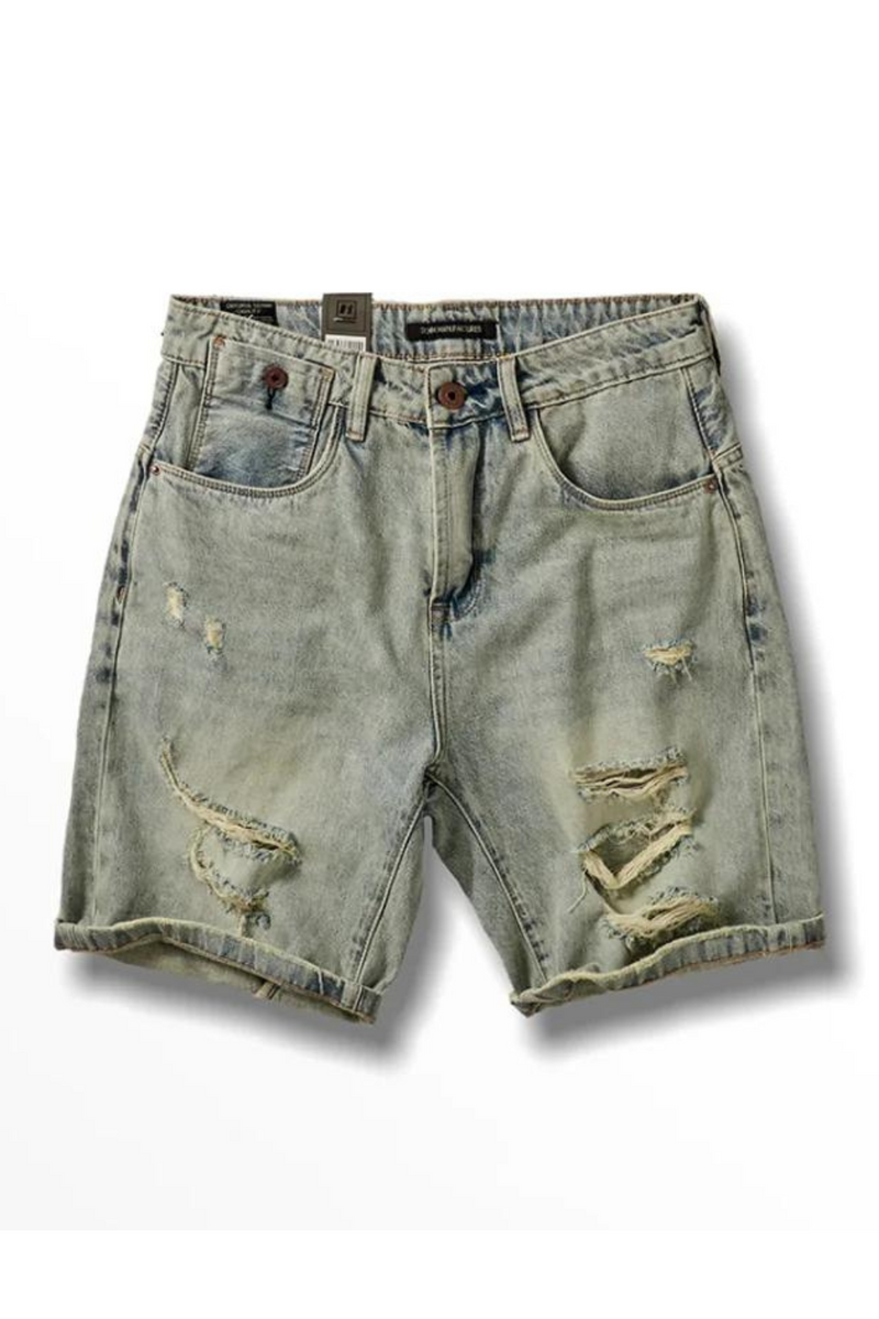 Summer American Retro Holes Denim Shorts Men's Washed Old Loose Straight Casual Knee Length Pants