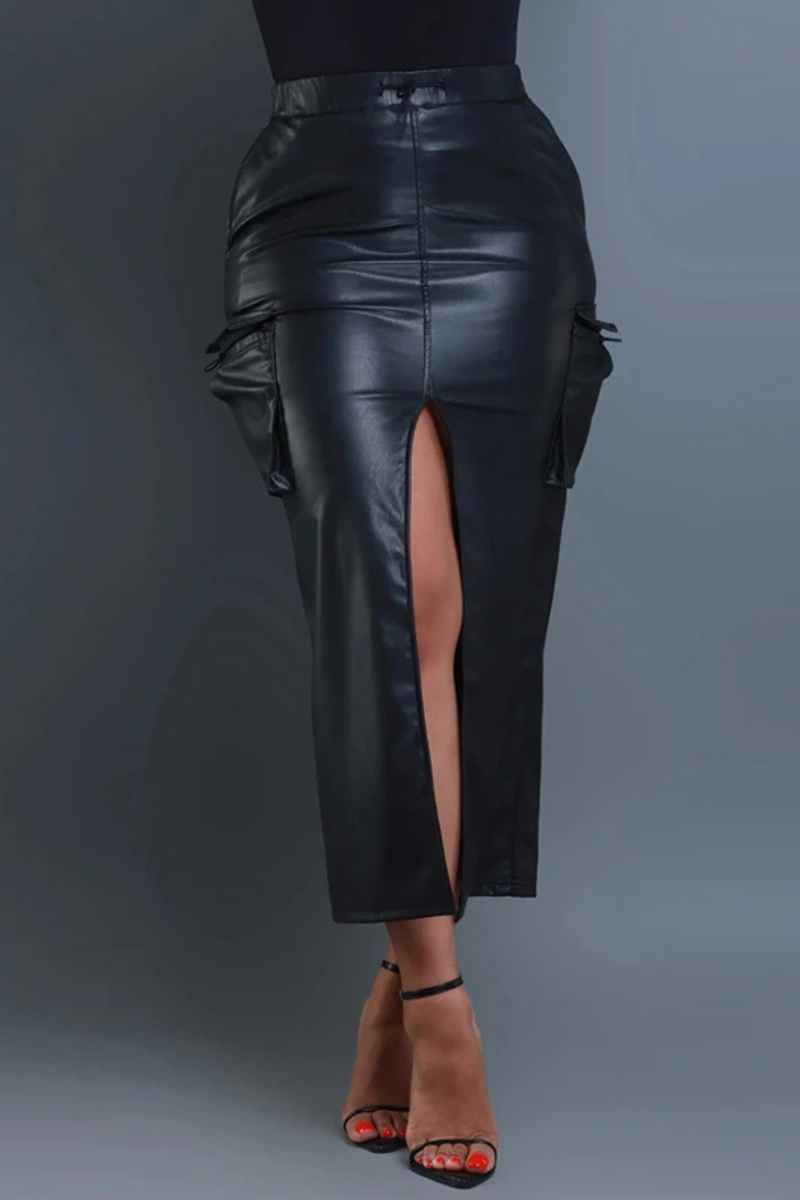 Women Matte Leather Elastic Waistband Pencil Skirts Lady Skirt