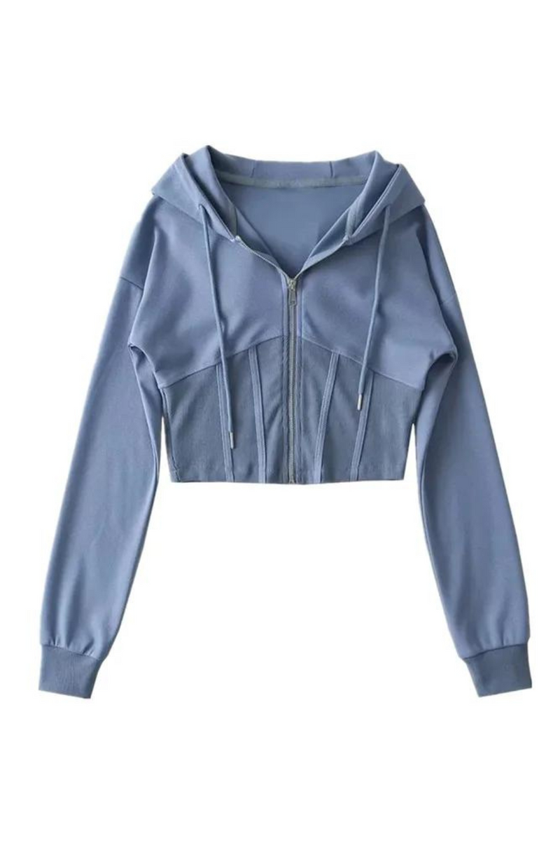 Spliced Rib Waist Open Zipper Hooded Sweatshirt Women Cropped Hoodies Casual Jumper Short Sweats