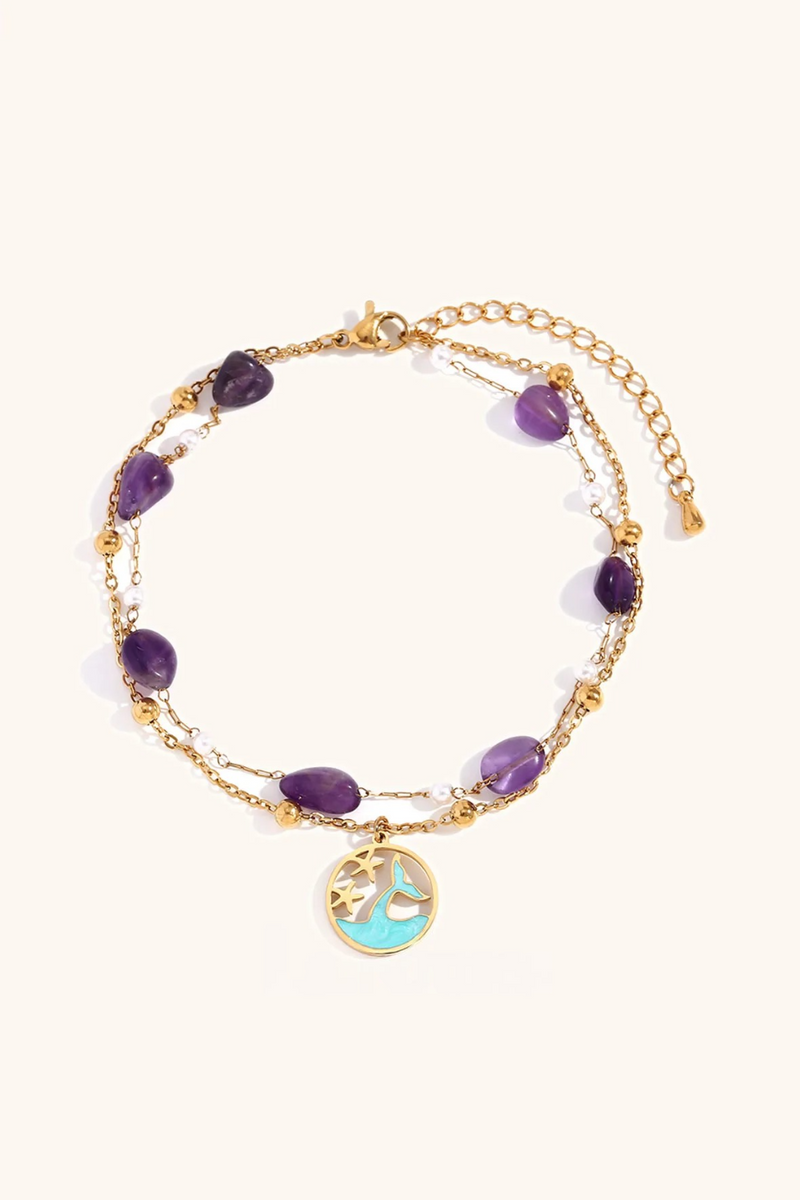 Natural Stone Ocean Pendant Double-layer Chain Stainless steel Women Bracelet Jewelry