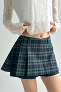 Women Dark Green Plaid Ruched Pleated Mini Skirt-Shorts Female Back zipper Short Skirts