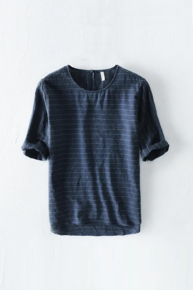 Summer Solid Linen T Shirts Men Short Sleeve Breathable Striped Male Tee Shirts