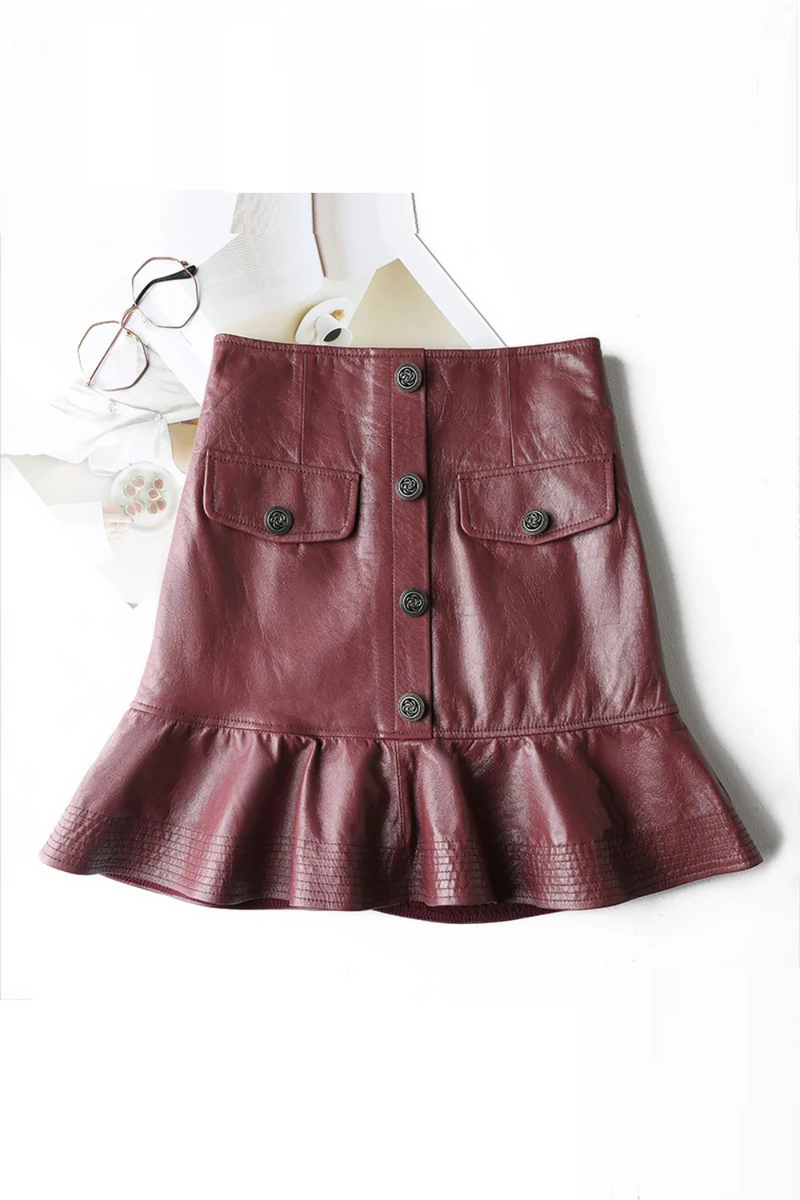 Women Leather Mini Skirt Female Lotus Leaf Swing Burgundy Short Wrap