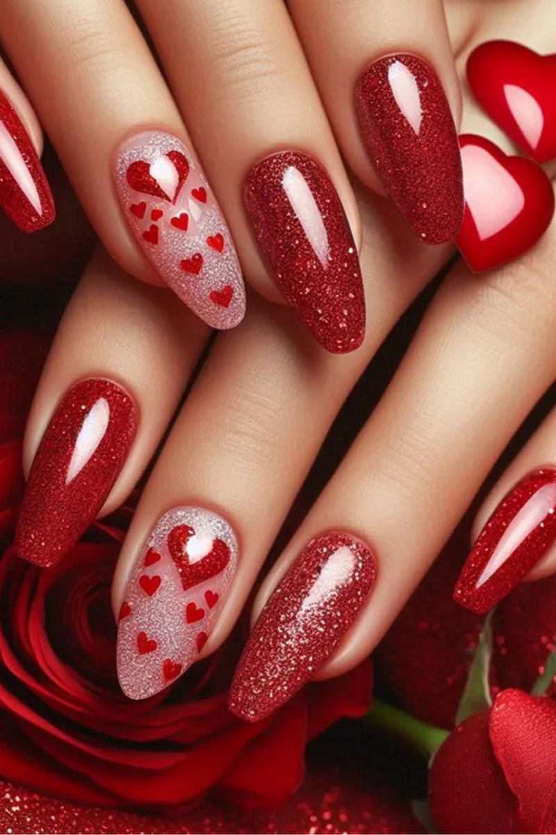 24pcs Red Glitter Nails Art Simple Love Design Mid-length Reusable Wearable Press on Nails