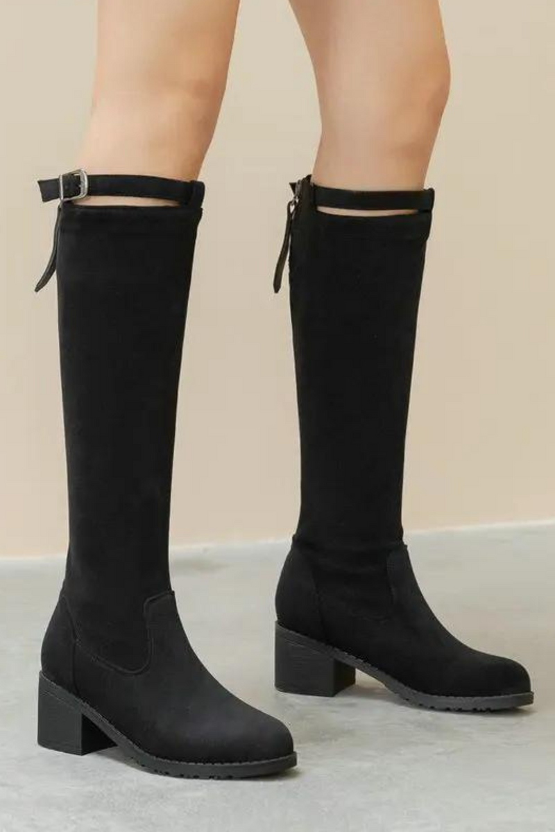 Flock Stretch Knee High Boots Autumn Women Square Long Boots Slip On Round Toe Women Shoes