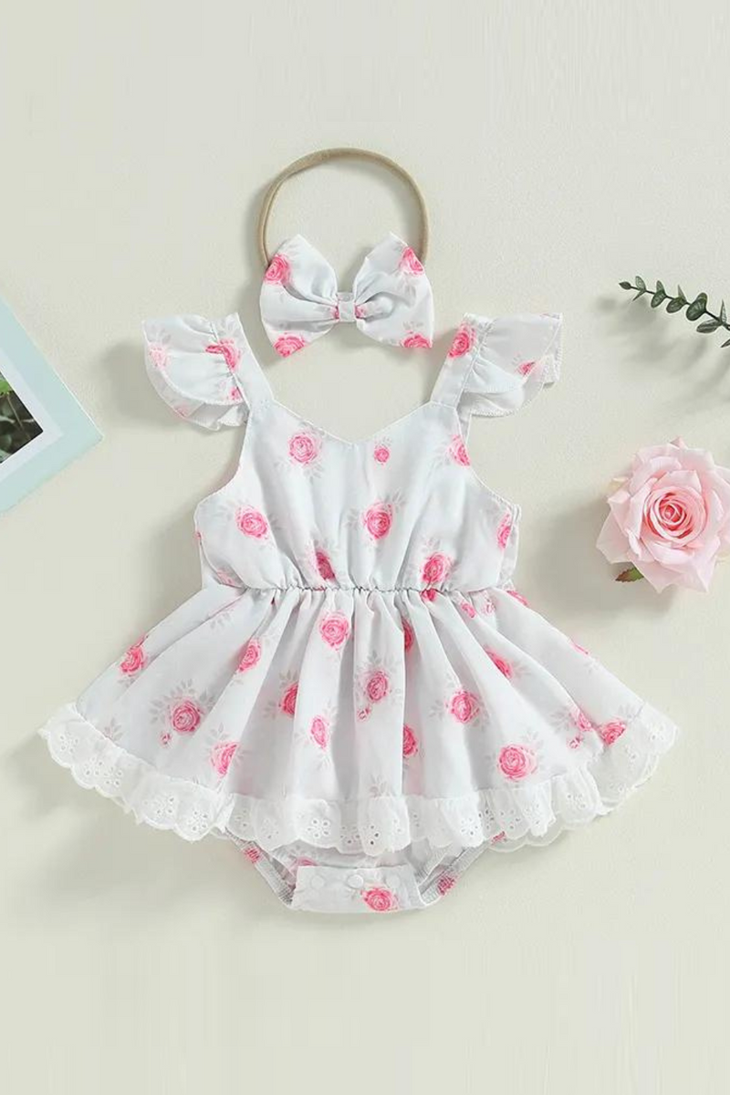 Summer Infant Baby Girls Casual Bodysuit Dress White Flying Sleeve Floral Print Jumpsuit Bow Headband Clothes