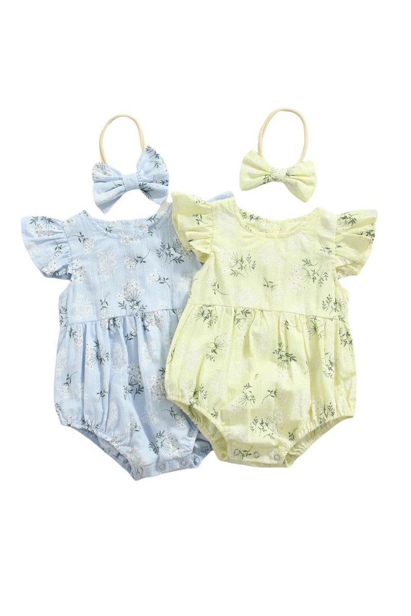 Baby Romper with Hairband Kids Floral Round Neck Fly Sleeve Bodysuit Headband for Summer