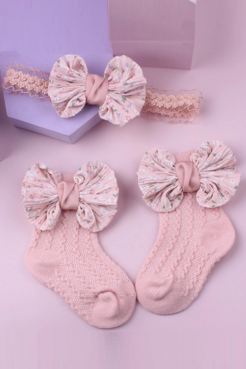 Infant Baby Girl Socks Set Princess Bowknot Patchwork Soft Warm Newborn Socks and Hairband