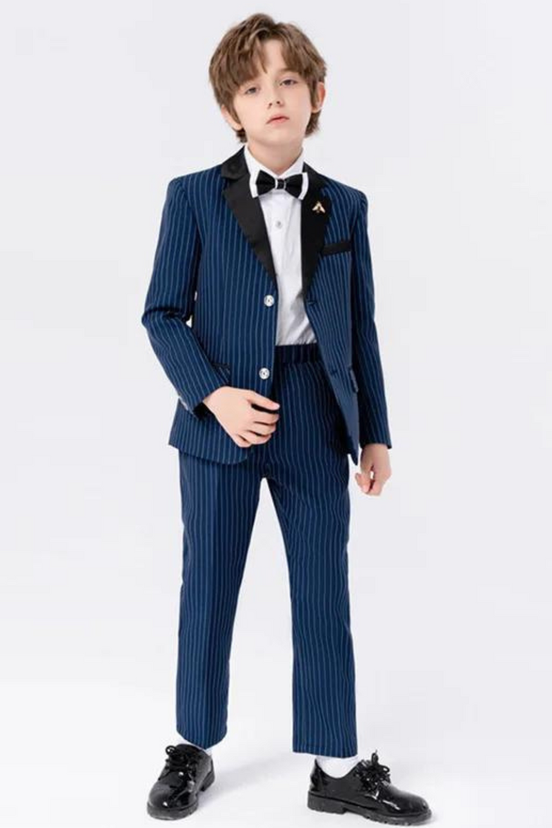 Children Formal Blue Stirped Suit Set Boys Blazer Pants Bowtie Brooch Outfit Kids Performance Piano Host Wedding Costume