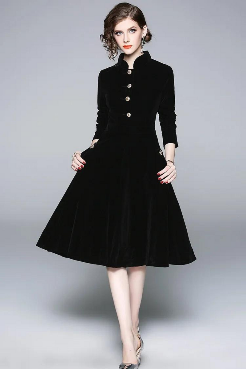 Women Autumn & Winter Elegant Velvet Dress Vintage Party Robe Designer Black