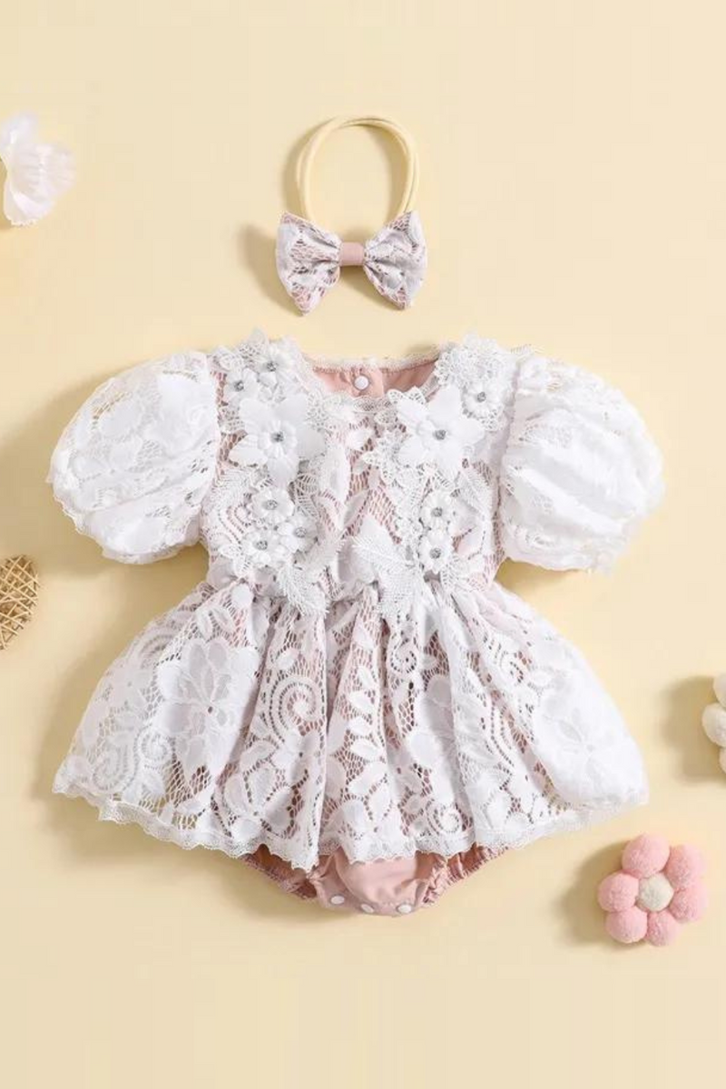 Summer Infant Newborn Girl Outfit Short Sleeve Lace Patchwork Bodysuit Bowknot Headband Clothes