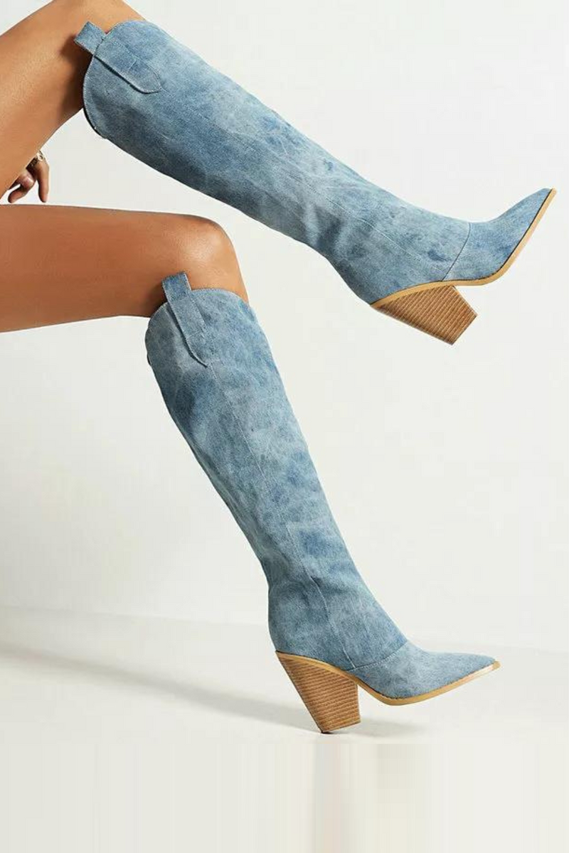 Denim Western Women Knee High Boots Wedges High Heel Cowboy Boots Slip On Autumn Winter Woman Shoes