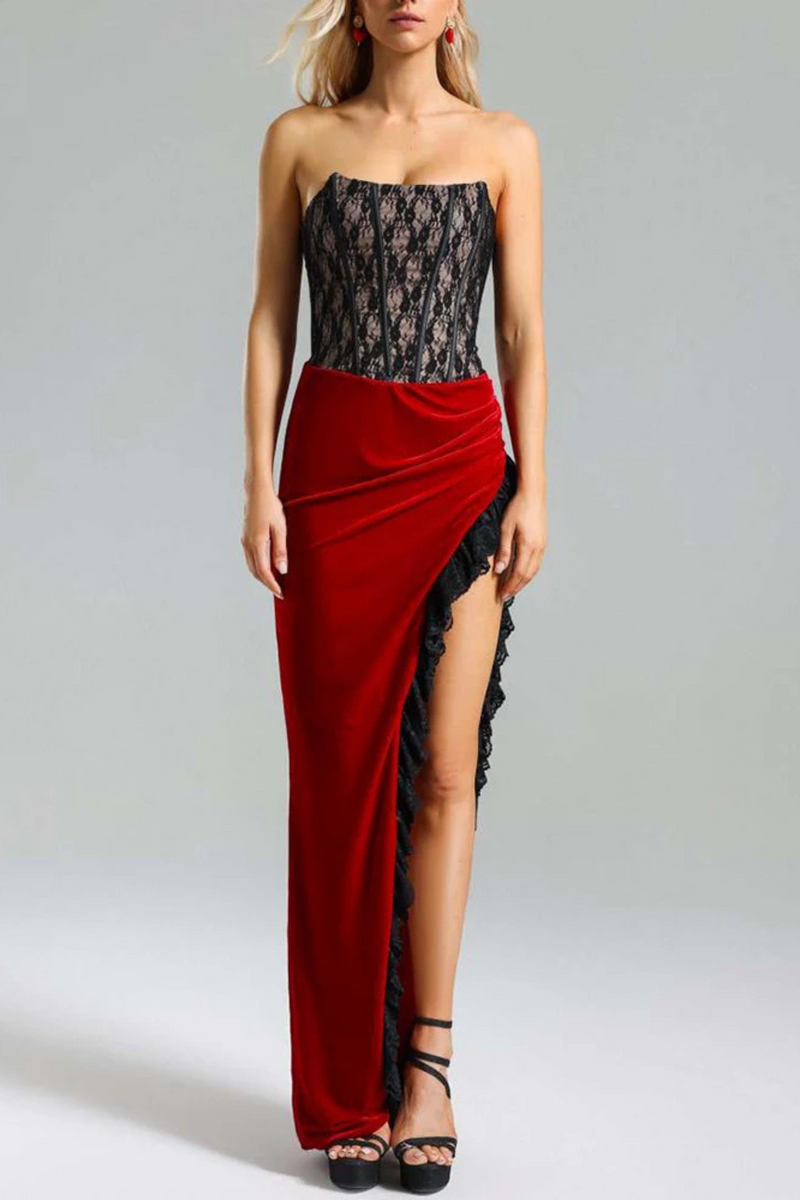 Strapless Lace Patchwork Off Shoulder Backless High Slit Slim Dress Elegant Evening Party Gown