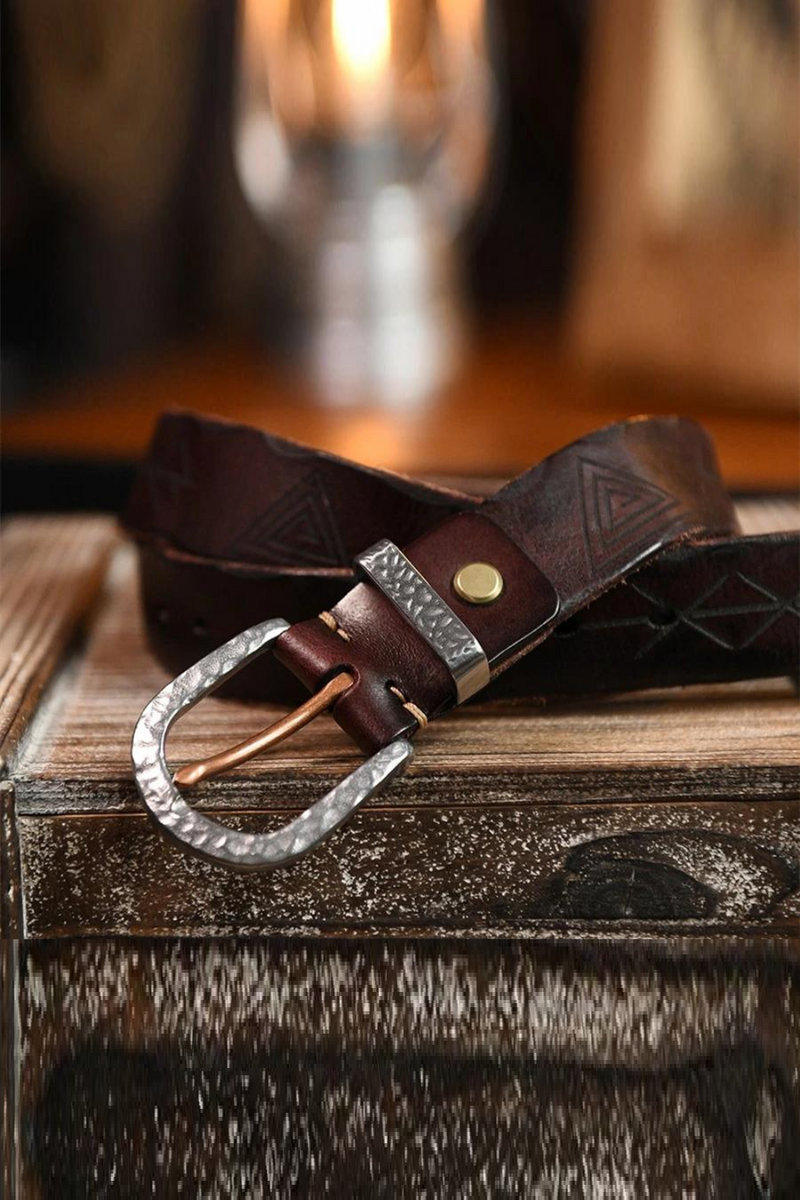 Western Style Engraving Pattern Genuine Leather Men's Belt Retro Handmade Pure Steel Forged Belt