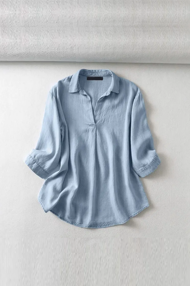 Summer Lapel Neck Blouse Women Denim Shirt Elegant Solid Casual Loose Tops