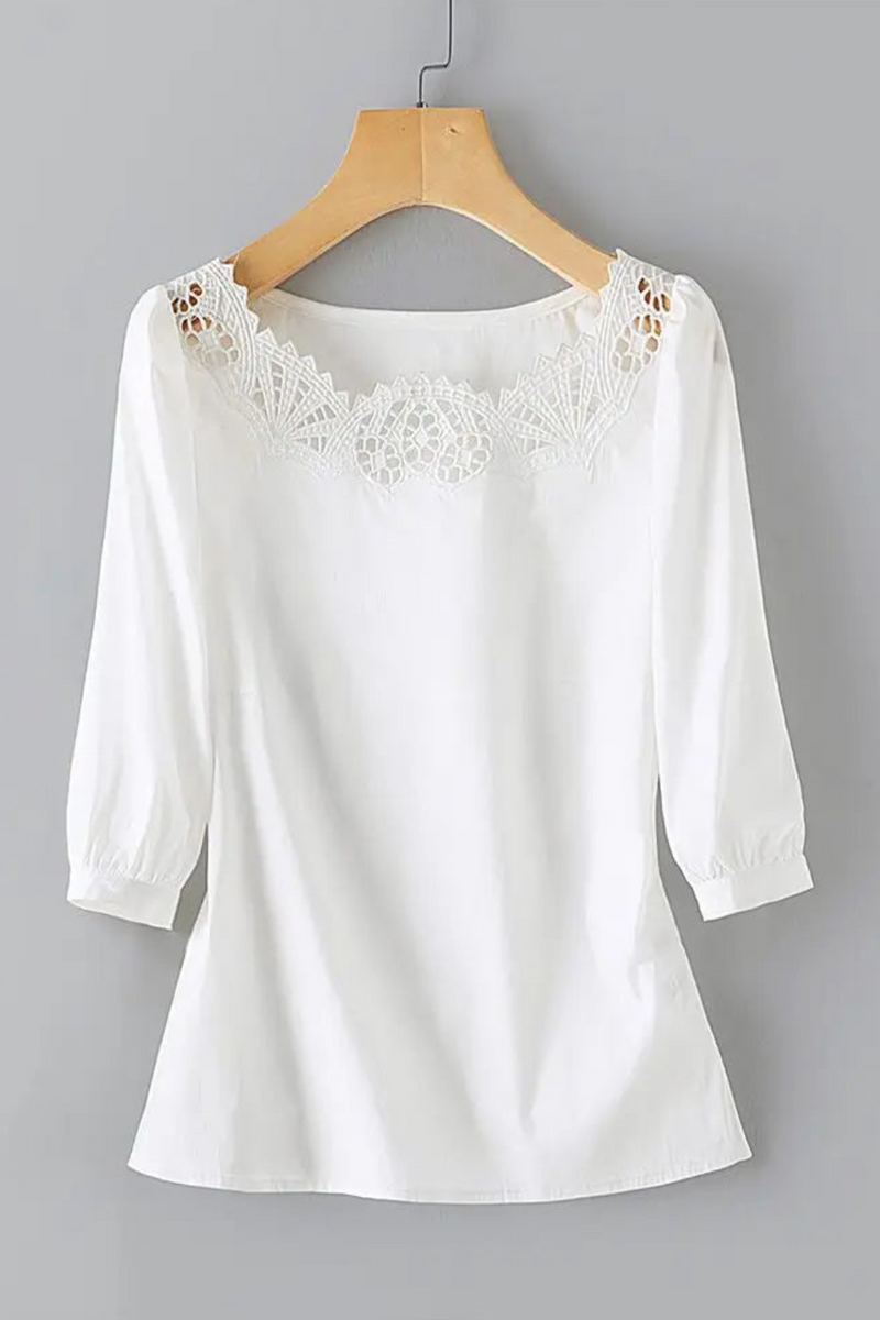 Lace Patchwork Ladies Clothes Summer Hollow Out Round Neck Tops Women  T-shirt