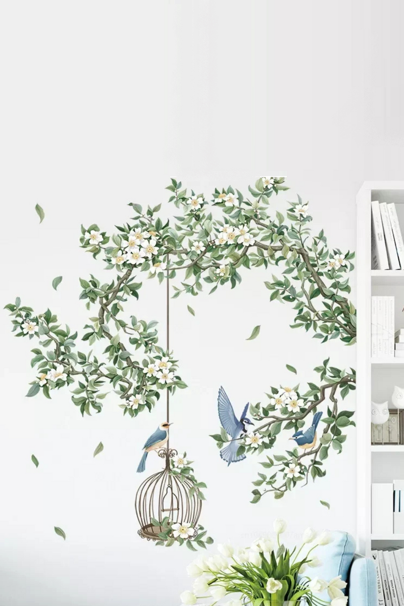 Flower Birdcage Flying Birds Wall Sticker Creative Home Decor Living Room Decals Wallpaper