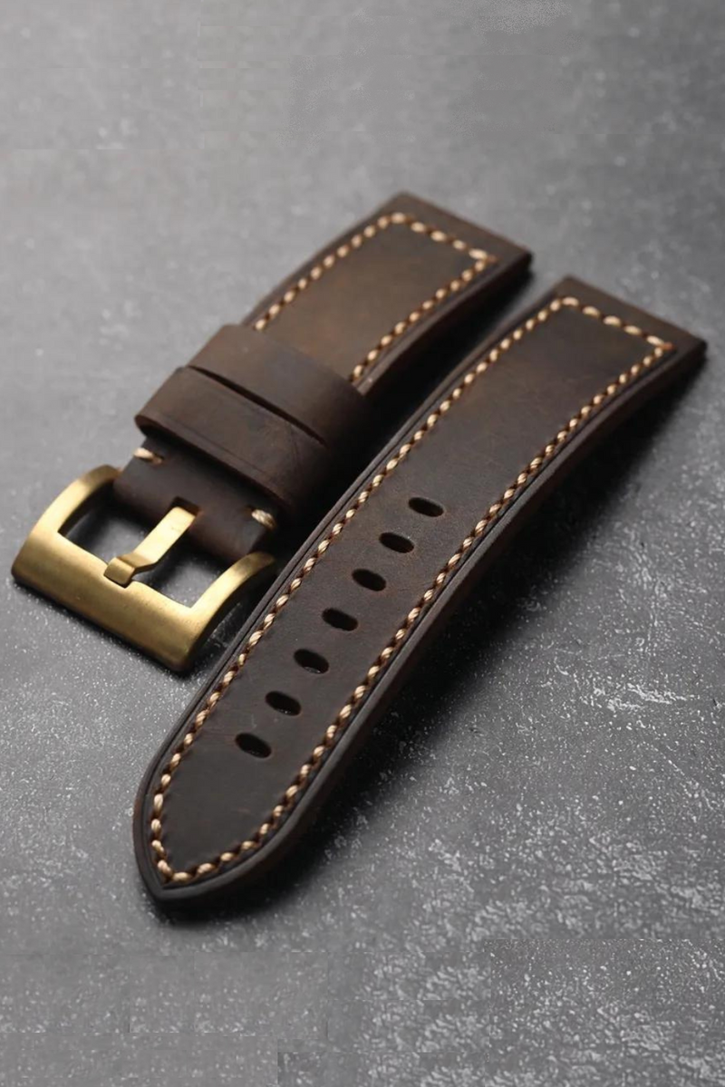 Vintage Brown Folding Head Layer Watch Band Thick Brass Buckle Genuine Leather Watch