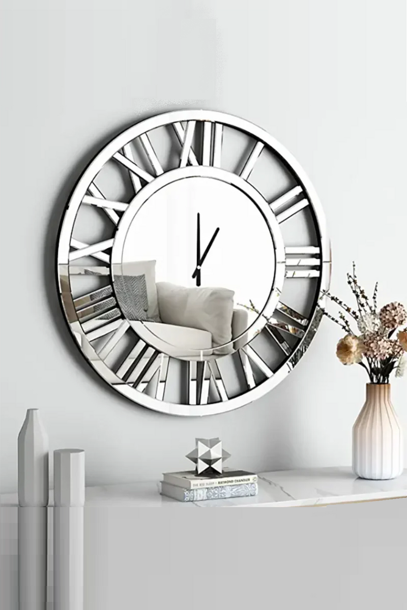 Wall Clock Glass Mirror Modern Decorative Roman Large Silver Wooden Round 3D Clock