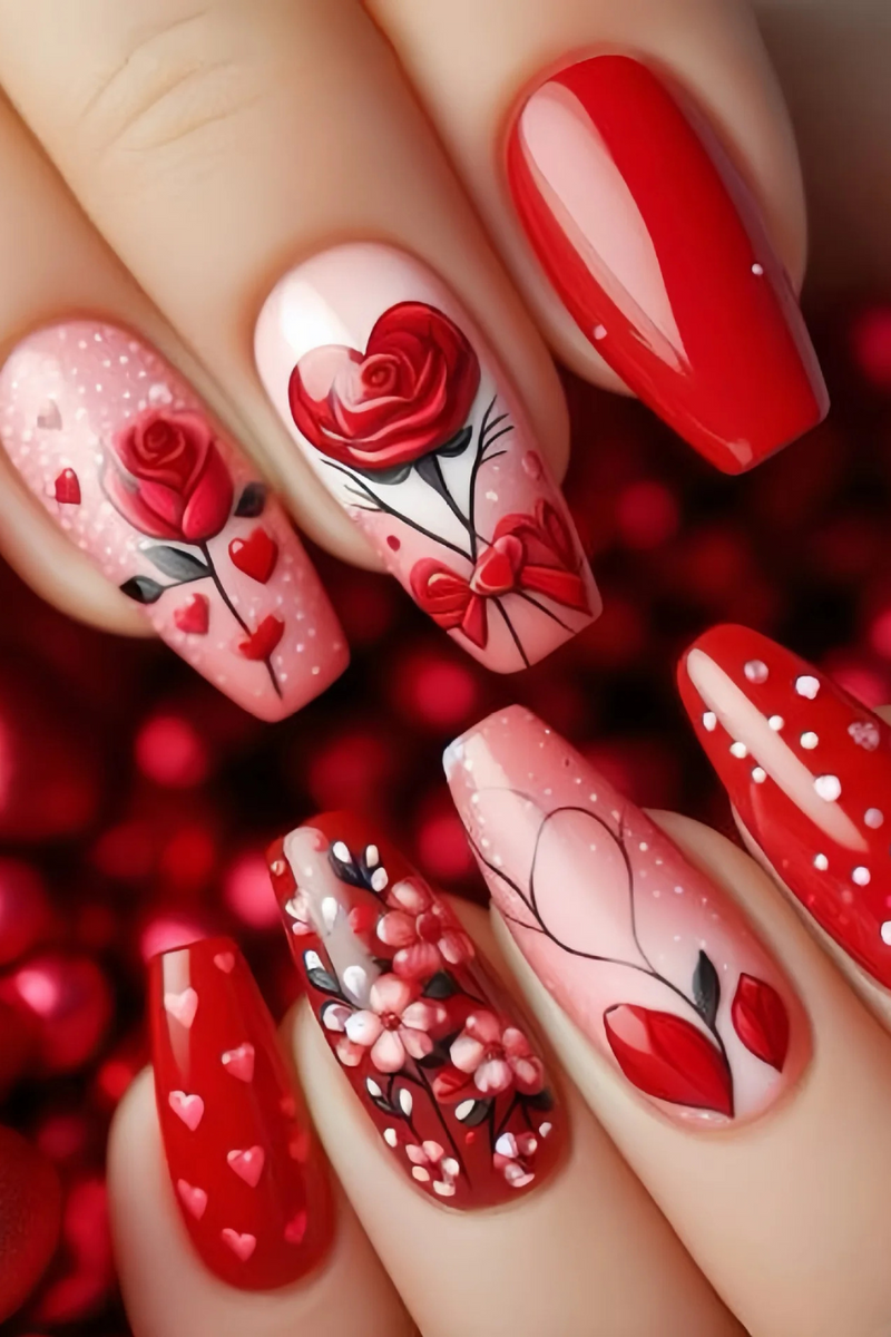 24pcs/set medium long nails beautiful rose flowers heart for Valentine's Day Wedding party press on nail