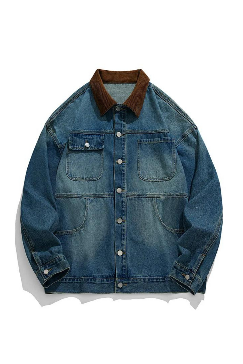 Denim Coat Men's Autumn Loose Corduroy Panel Design Jacket Male Outerwear Tops