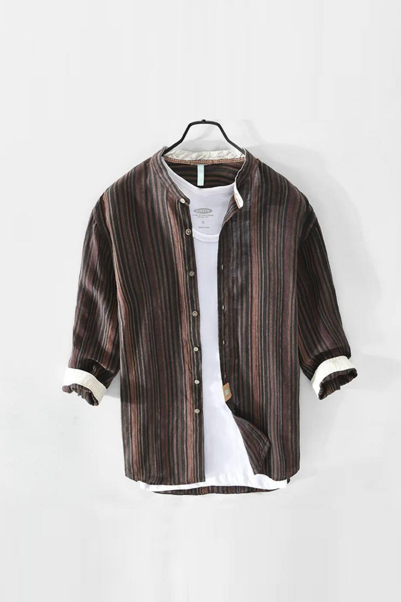 Men Spring and Summer Casual Linen Striped Shirt Loose Lapel Shirt